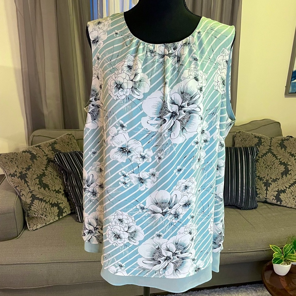 Rose & Olive 1X sleeveless top blouse workwear ivory gray & teal floral stripe